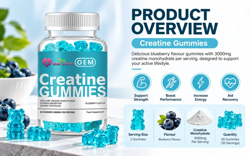 creatine gummies product overview with 60 gummies and 30 servings